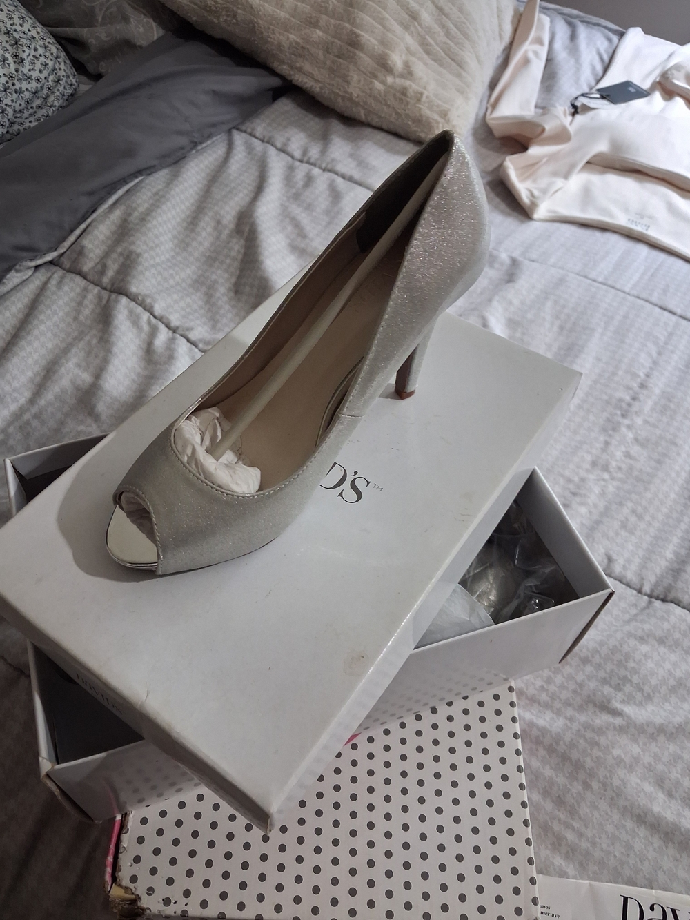 David's Bridal Sparkle Peep-Toe High Heels in Silver 7.5